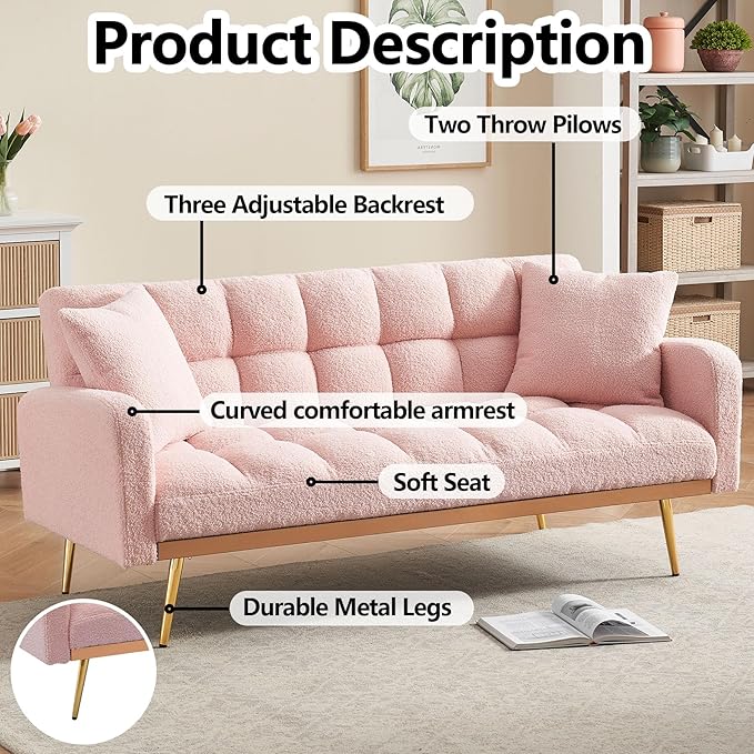 Comfy Futon Sofa Bed with 2 Pillows Pink Futon Couch Bed with Gold Legs Small Convertible Sofa Bed Couch for Living Room Modern Loveseat for Bedroom Curved Arms Plush Tufted-ShapedTeddy (Pink)