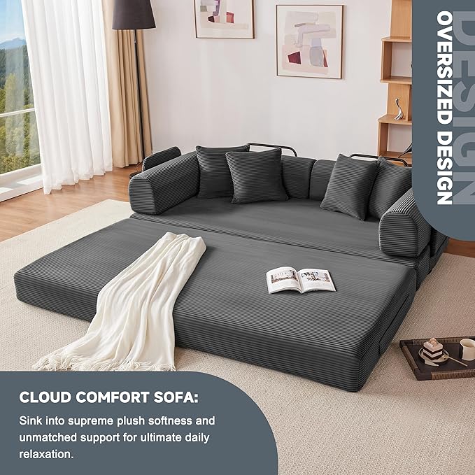 79 Oversized Boneless Couch with 4 Pillows5 in 1 Convertible Sleeper Futon Sofa Bed with Deep SeatCorduroy Foldable Modular Floor Pull Out Couch for Living RoomNo AssemblyGray