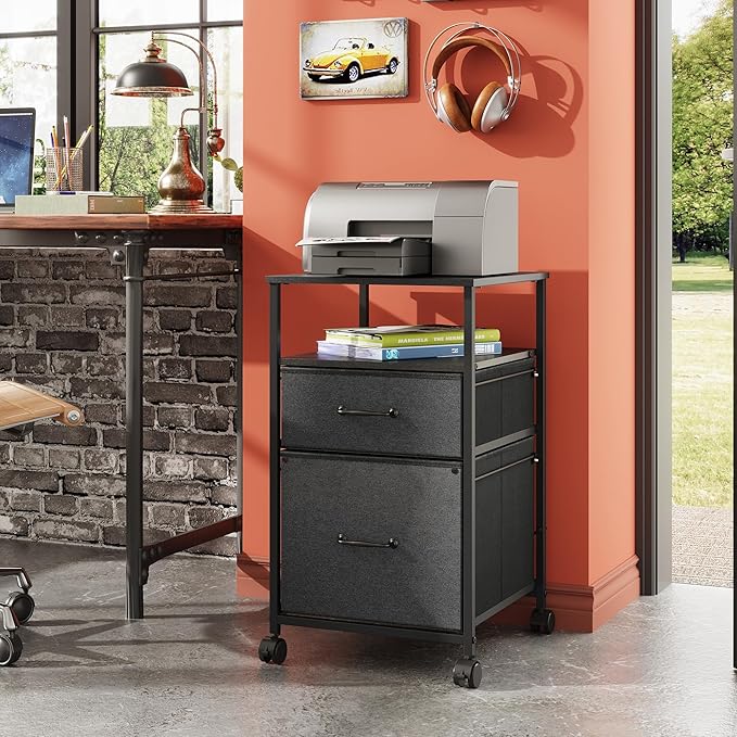 DEVAISE Mobile File Cabinet Combo: 2-Drawer &amp 3-Drawer Black Fabric Rolling Storage Set with Locking Casters Vertical Filing Cabinet for Home Office