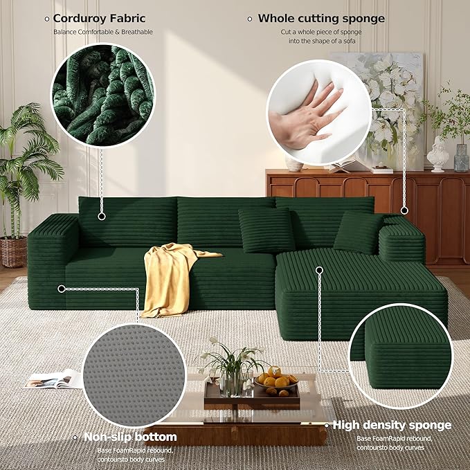 MoonSpeak 107 Sectional Boneless Couches for Living Room.Deep Seat Corduroy L Shaped Modular Sofa.Cloud Sectional Sofa.Upholstered Couches with Oversized Chaise(GreenRight Chaise)