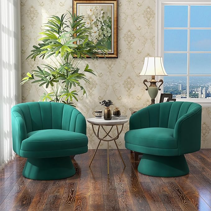 Swivel Accent Chair Set of 2Upholstered Velvet 360° Swivel Barrel Chair for Living Room Overstuffed Bouncle Reading Chair Round Armchair for BedroomVanityOffice (Dark Green)