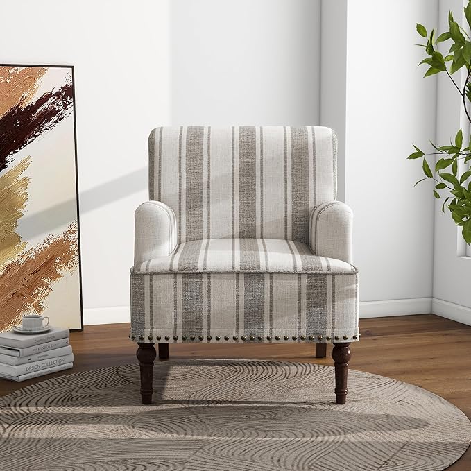 Accent Chair Mid Century Modern Comfy Armchair for Living Room Linen Fabric Single Sofa Lounge for Reading Bedroom Apartment Waiting Room with Wood Legs (Grey Stripe Set of 2)
