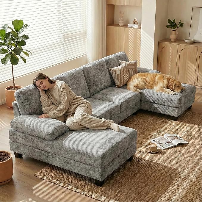 Homall Modular Sectional U Shaped Sofa Couches for Living Room Comfy Chenille 4 Seat Sofa Set with Removable Pillows Lounge Chaise Upholstered Couch for Apartment (Chenille Grey)