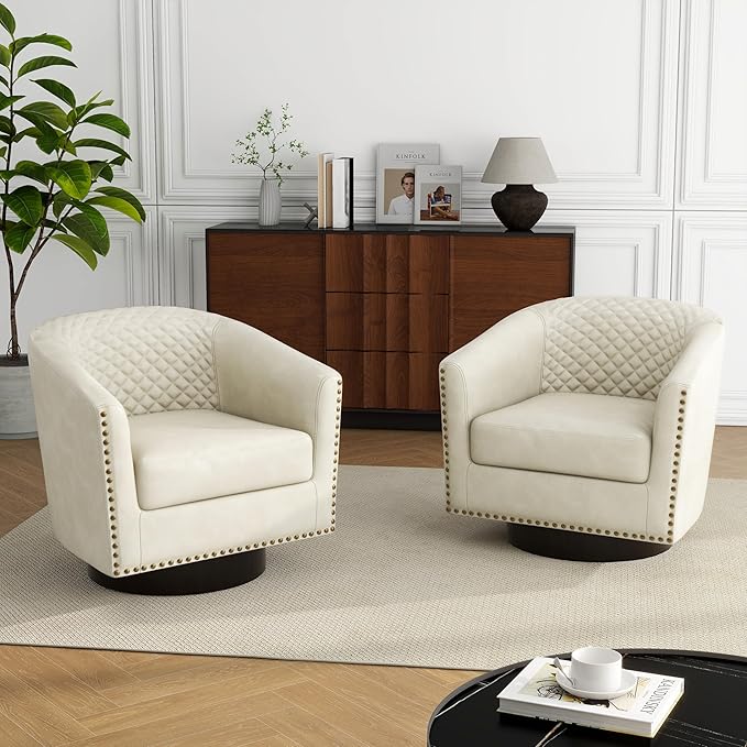 Swivel Barrel Accent Chair Comfy Modern Upholstered Round Faux Leather Arm Chair for Living Room Bedroom（Beige Set of 2