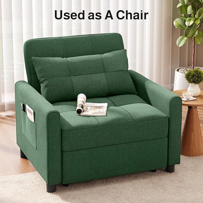 Ahomly Convertible Sleeper Chair Sofa Bed with 3-in-1 Design Adjustable Backrest and Storage Pocket for Living Room Green