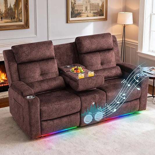 Power Reclining Loveseat with Flip Backrest Power Loveseat Recliner Sofa with LED Lights Bluetooth Speaker 3-Seater Recliner Sofa with Arm/Seat Storage (Brown Loveseat with Console)