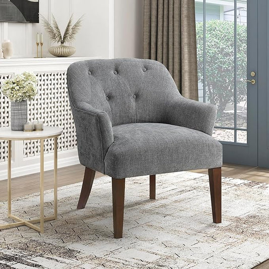 Lexicon Modern Accent Chair Textured Fabric Upholstered Arm Chair with Button Tufted Back Sloped Flared Arms and Wooden Legs for Living Room/Bedroom Charcoal