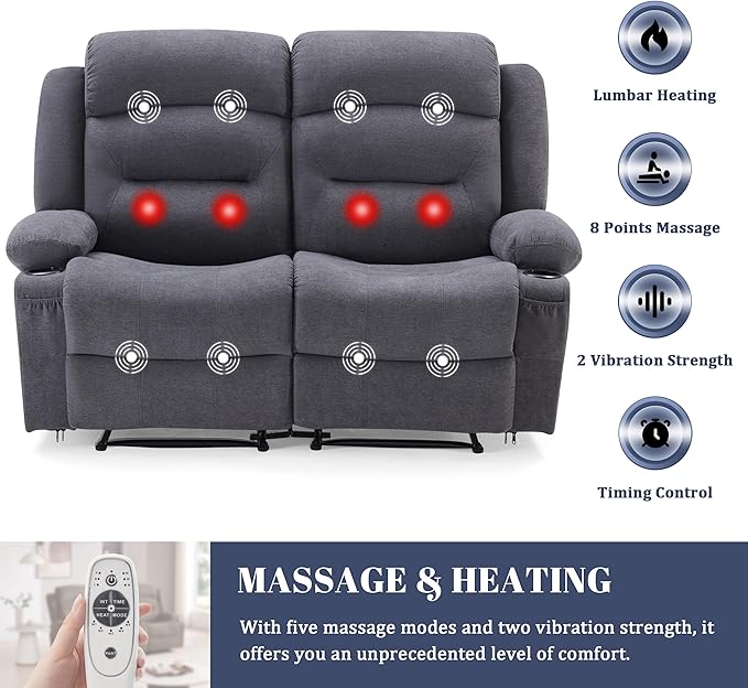 Oversized Recliner Loveseat with Heat and Massage Wall-Hugger Reclining Sofa with Cup Holders and USB Port Big Large 2-Seater Double RV Recliner Loveseat for Living Room (Fabric Grey)