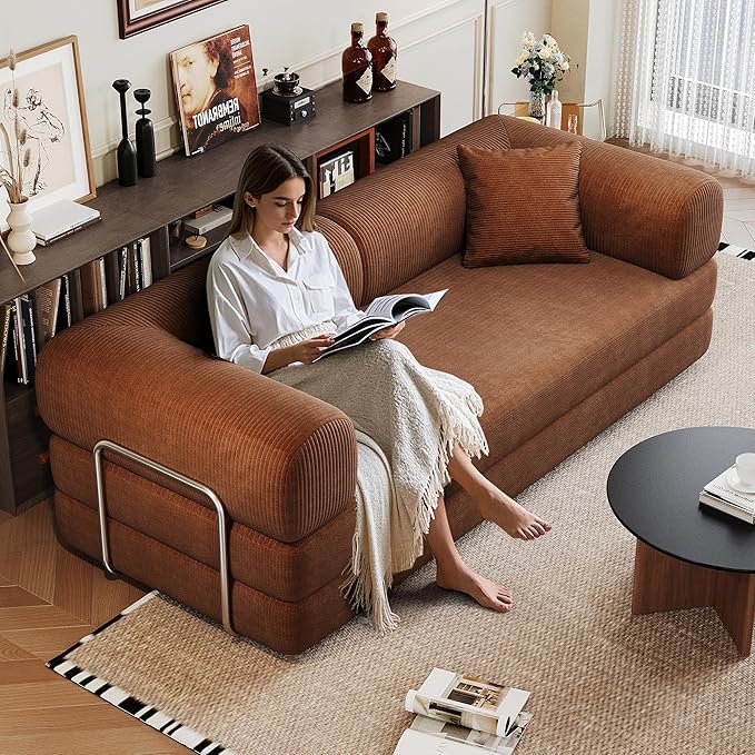 KEIKI 78.8 inch Compression Sofa Convertible Floor Sofa Bed Comfy Futon Couch Sleeper Bed Corduroy Folding Loveseats for Living Room Brown