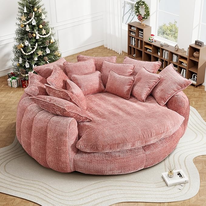 81 Oversized Bean Bag Chair Boneless Round Chaise Lounge Comfy Chenille Reading Chair Fluffy Plush Sofa Bed Large Deep Seat Circle Cloud Couch for Living Room/Apartment/Bedroom Pink