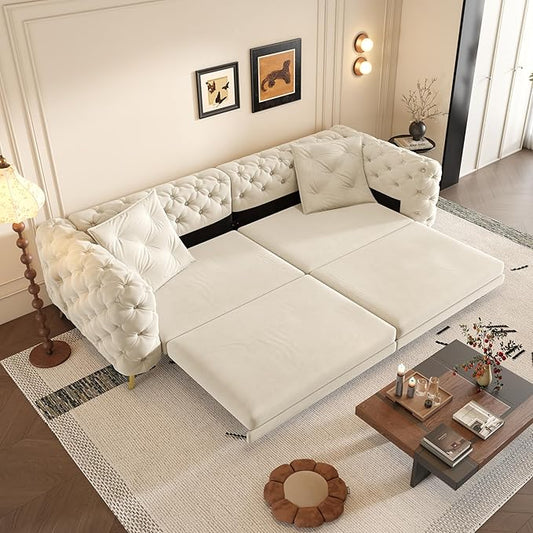 97.7 3-in-1 Convertible Pull Out Sofa Bed King Size Deep Seat Pull Out Sofas BedButton Tufted Modern Sofa4-Seater Couch with Movable Ottoman for Living RoomApartmentOfficeBeige