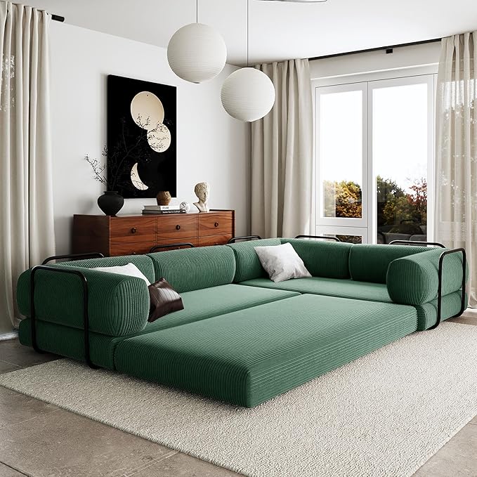 116''W Modular Sofa Bed in Corduroy Fabric L Shaped Sectional Couches Modern Upholstered Couches with Iron Frame Support 4 Independent Mattresses 3 Wedge Cushions and 1 Flat Cushion (Green/22)