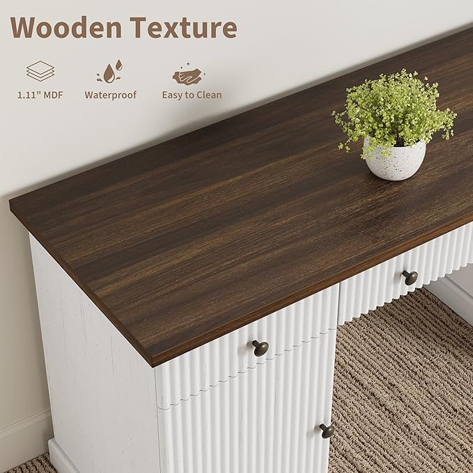 GAOMON 60'' Fluted Home Office Desk with Storage Modern Executive Desk with Charging Station Wooden Computer Desk with Drawers for Storage File Writing Desk for Study Living Room Bedroom