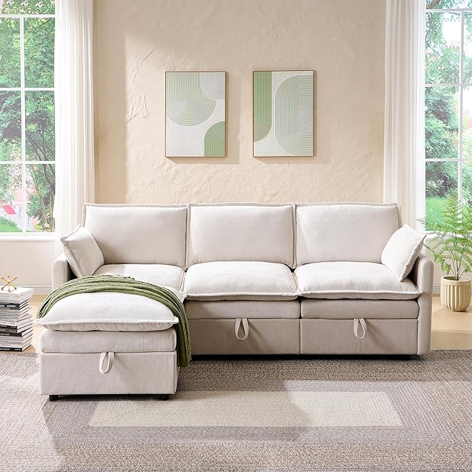 85.83 Sectional Couches for Living Room Cloud Couch Sectional with Large Storage Ottoman L-Shape Modular Sectional Sofa with 5 Seater Chenille Sofa and Pillow for Apartment Bedroom Beige