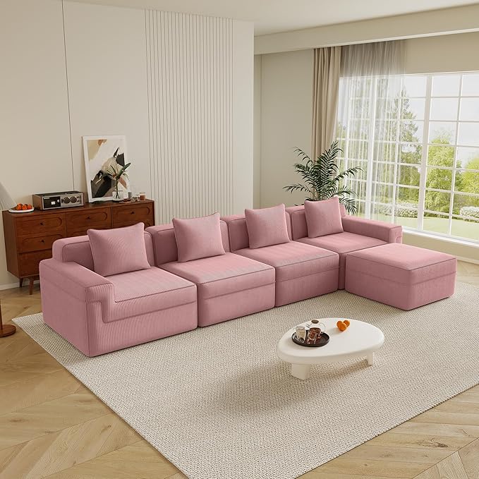 Boneless Couch153.5 No Assembly L Shaped Oversize Modular Sectional Cloud CouchSolid Foam Corduroy Sofa with Ottoman for Living Room (Pink Corduroy4 Seats with Ottoman)