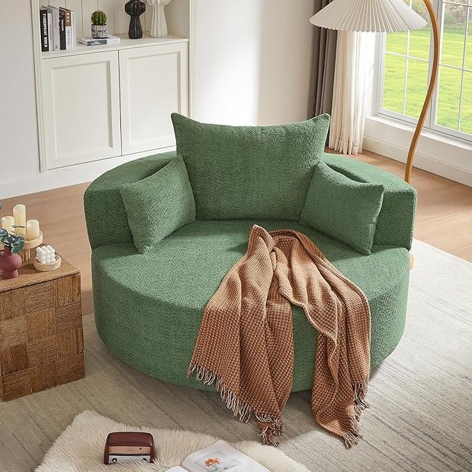 Merax 56 W Accent Chair 360°Swivel Chair with Seat Depth and 3 Removable Pillows Round Barrel Chenille Upholstered Lounge Armchair Sofa Couch for Living Room Bedroom Office or Hotel Green