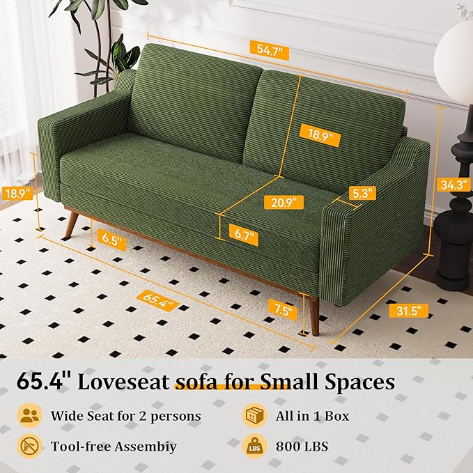 Vipbear 65.4 Loveseat Sofa Green Corduroy Couch Mid-Century Modern Small Couches for Living Room Bedroom Office Comfy Sofa with Spring Cushion Solid Wood Frame Tool-Free Assembly