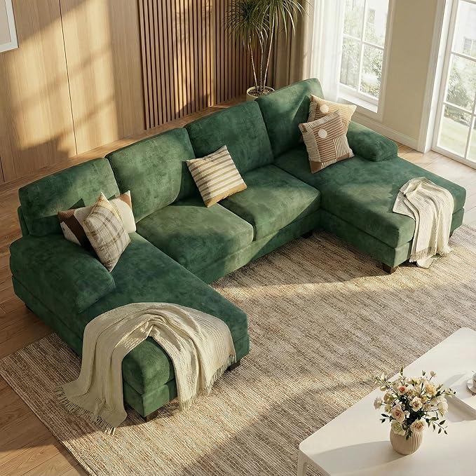 Homall Modular Sectional U Shaped Sofa Couches for Living Room Comfy Chenille 4 Seat Sofa Set with Removable Pillows Lounge Chaise Upholstered Couch for Apartment (Chenille Green)