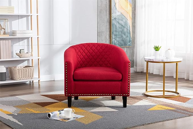 Accent Barrel Chair Living Room Chair with Nailheads and Solid Wood Legs Red Linen