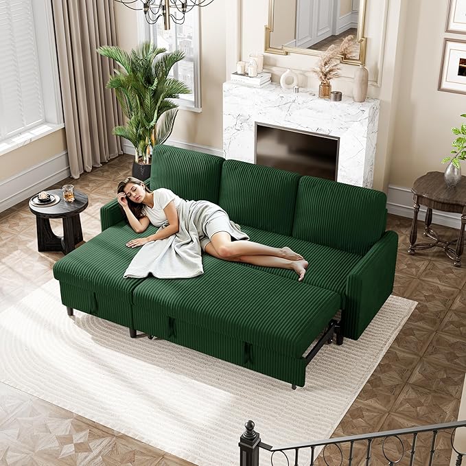 Sofa Bed Sleeper Pull Out 2 in 1 Sectional Sleeper Sofa Couches with Storage Pullout Sectional Couches for Apartment Living RoomGreen