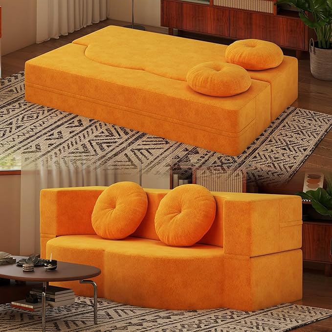 2-in-1 Full Size Convertible Floor Sleeper Couch Sofa Bed78”Folding Boneless Large Futon Loveseat Sofa with 2 Pillows Foam-Filled Compression Guest Couches Bed for Living Room (Yellow)