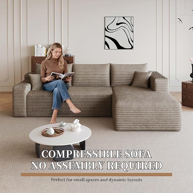 96 Cloud Small Sofa for Small Space L-Shaped Modular Sectional with Chaise for Apartment and Dorm Camel Corduroy Deep Seat Boneless Couch No Assembly Required (Camel Right Facing Chaise)