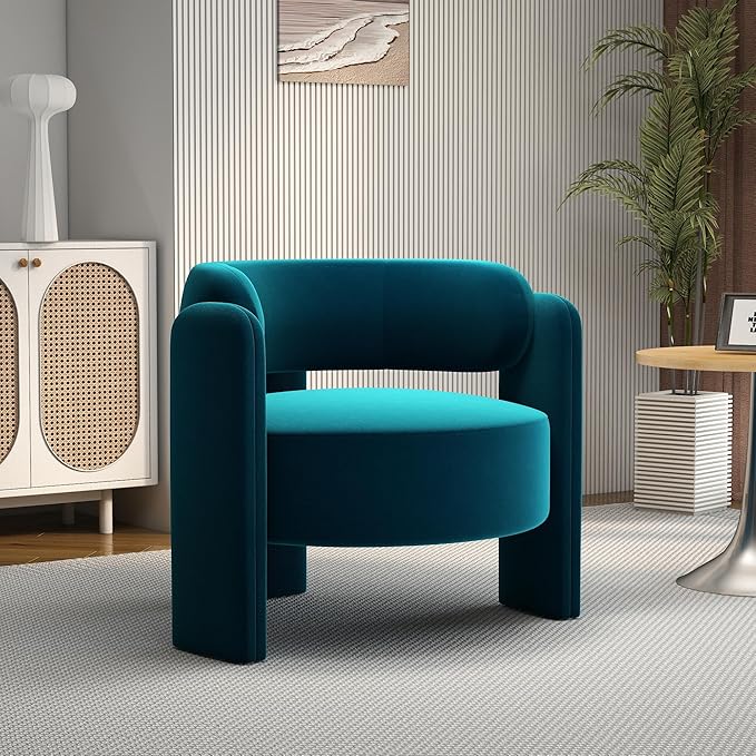 NOBPEINT Mid Century Modern Accent Barrel Chair Round Upholstered Leisure Armchair with Open Back for Living Room Bedroom Apartment Blue