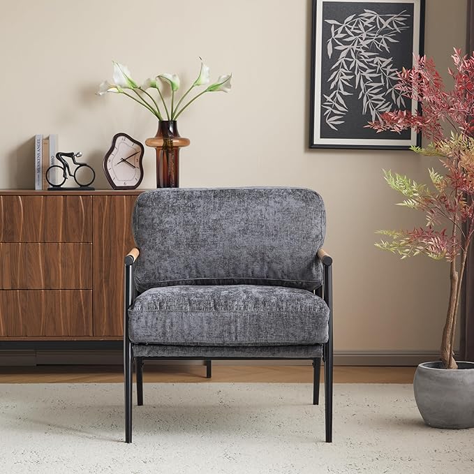 Modern Accent Chair Lounge Arm Chair Upholstered Armchair with Plush Cushions Single Chairs with Metal FrameWooden Armrest - Perfect for OfficeLiving RoomBedroomGrey