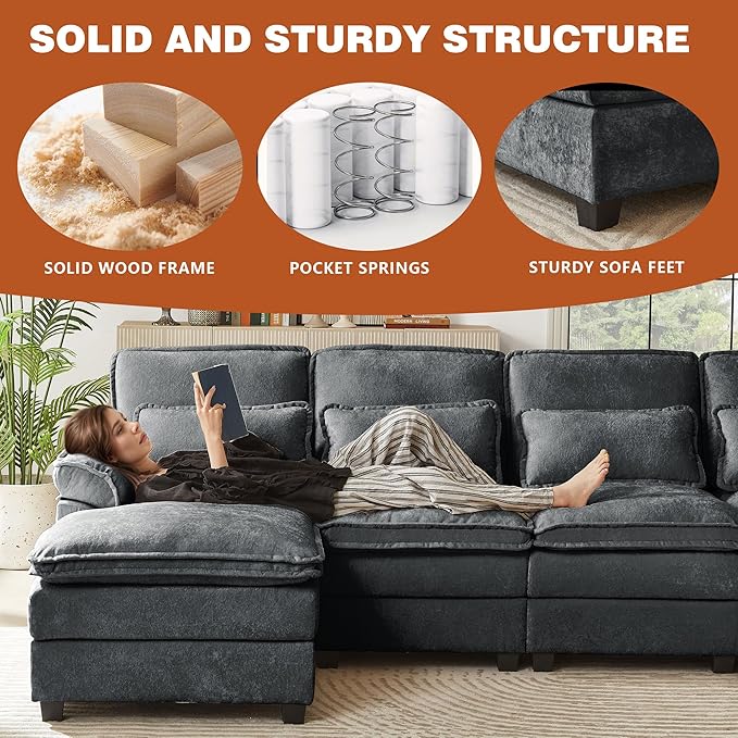 113 Oversized Cloud Couch U Shape Sectional 4 Seat Sofa with Double Chaises 2 Layer Cusions Deep Seat Comfy Sofa Upholstery Chenille Fabric for Living Room Dark Grey