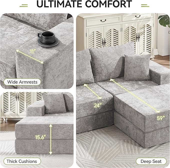 79 Boneless Loveseat Sofa Couch Modular Foldable Floor Cloud Sofa with Ottoman Lounge Convertible Sofa Bed for Living Room No Assembly Chenille Light Grey
