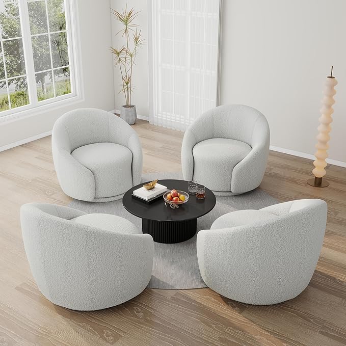 Swivel Barrel Accent Chair 360° Small Round Sofa Chair Comfy Modern Reading Armchair for Living Room Bedroom (Boucle White Set of 2)