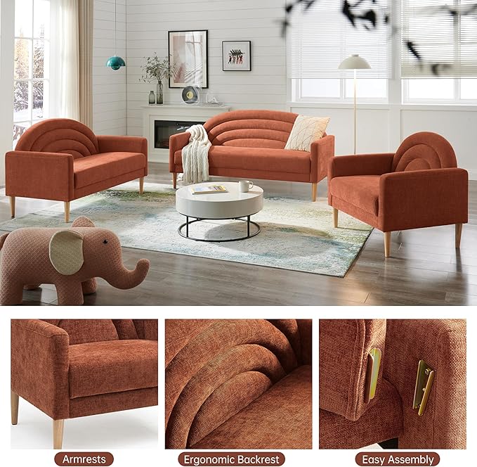 63 Small Loveseat Sofa for Small Spaces Mid Century Modern Sofa Linen Upholstered Furniture with Wood Frame Mini Couch for Living Room/Bedroom Office Couch Easy Assembley Ocher Orange