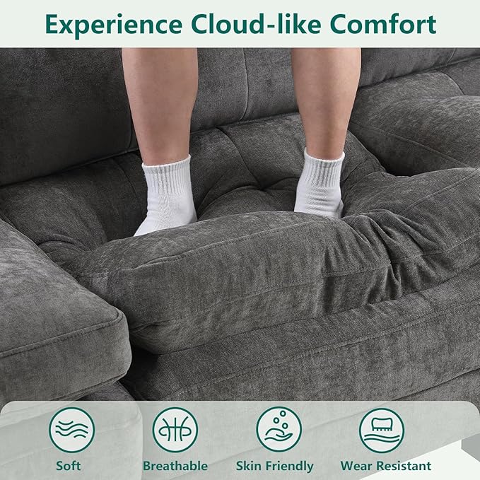 Modular Sectional U Shaped Sofa Couches for Living Room Cloud Couch with Movable Ottoman Comfy Chenille Sofa with Pillow for Bedroom and ApartmentDark Gray-Tufted