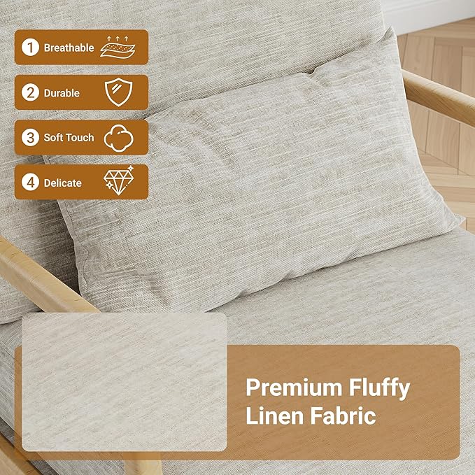 Claiks Mid-Century Modern Accent Chair Living Room Armchair with Solid Wood Frame &amp Lumbar Pillow Comfy Upholstered Lounge Chair for Bedroom Office Linen-Like Fabric Light Gray