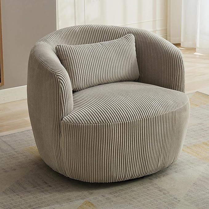34.25 Swivel Barrel Chair Round Accent Barrel Chair Modern Wide Armchair Upholstered Corduroy Lounge Comfortable Sitting Single Seat Rotating Base for Living Room Office Chair Light Gray
