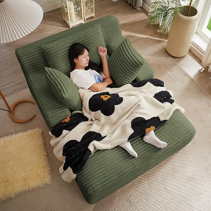 50 Inch Oversized Chaise Lounge Chair Indoor Corduroy Upholstered Sleeper Sofa Bed with Spring Cushion No Assembly Lazy Boneless Chaise Lounge for Bedroom Office Green