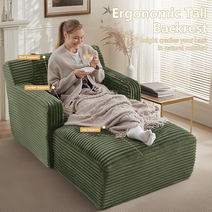 65.4 Green Oversized Chaise Lounge Chair Indoor Modern Corduroy Lounge Couch Comfy Upholstered Sleeper Sofa with Throw Pillows Fluffy Reading Chair Bed for Living Room