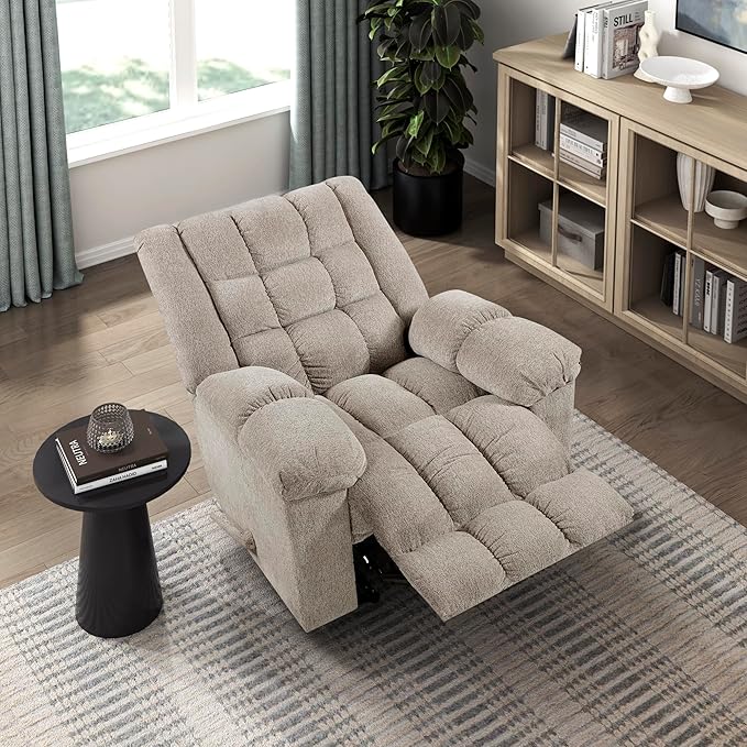 Lexicon Chenille Rocker Reclining Chair for Adults Rocker Pull Handle Recliner Nursery Chair for Living Room/Bedroom High Back Pillow Top Arms High Density Foam Cushions Light Brown