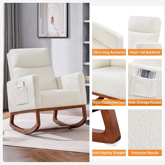 Yaheetech Boucle Living Room Chair Modern Upholstered Rocking Accent Chair Glider Chair Nursery Chair with Side Pocket and High Back Armchair for Living Room Bedroom Lounge Ivory