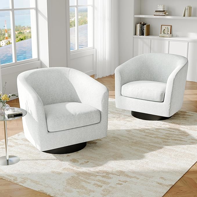 Swivel Barrel Accent Chairs Set of 2 Modern 360° Swivel Round Barrel Chair with Curve Back Upholstered Chenille Fabric Armchair Single Sofa Club Chair for Living Room Bedroom Beige