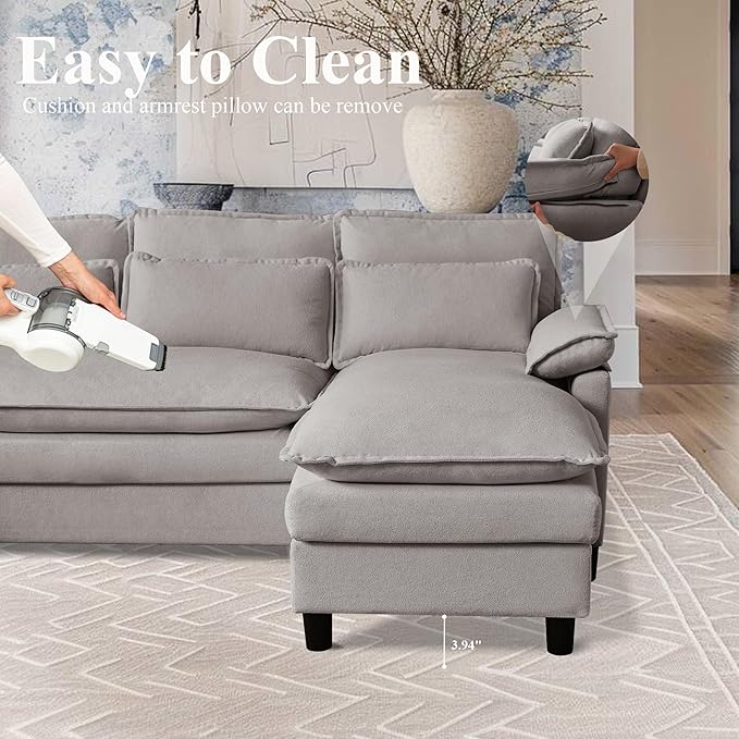 105 U Shaped Cloud Couch Sectional 4 Seat Home Sofa Living Room Comfy Couches with Storage Ottoman Double Layer Cushion Modular Sofas for Bedroom Apartment and Office Light Grey