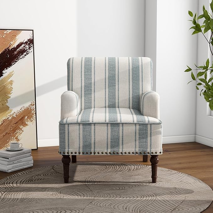 Accent Chair Mid Century Modern Comfy Armchair for Living Room Linen Fabric Single Sofa Lounge for Reading Bedroom Apartment Waiting Room with Wood Legs (Blue Stripe Set of 2)