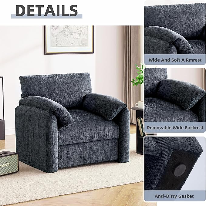 Chenille Oversized Armchair 38.6 Wide Accent Chairs for Living Room &amp Bedroom Modern Lounge Chair Upholstered Mid-Century Reading Chair Comfy Living Room Chair Single Sofa Chair Blue
