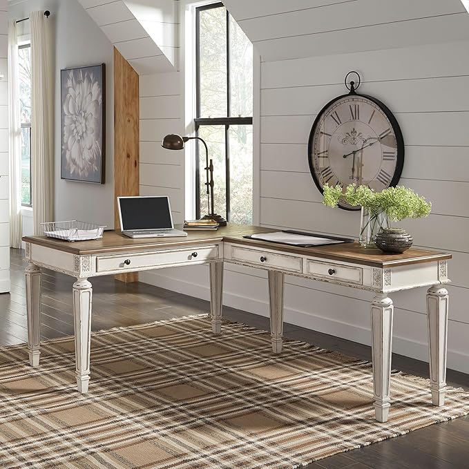 Signature Design by Ashley Realyn Cottage L-Shaped Distressed 2-Piece Home Office Desk with Power Supply and USB Ports White &amp Light Brown