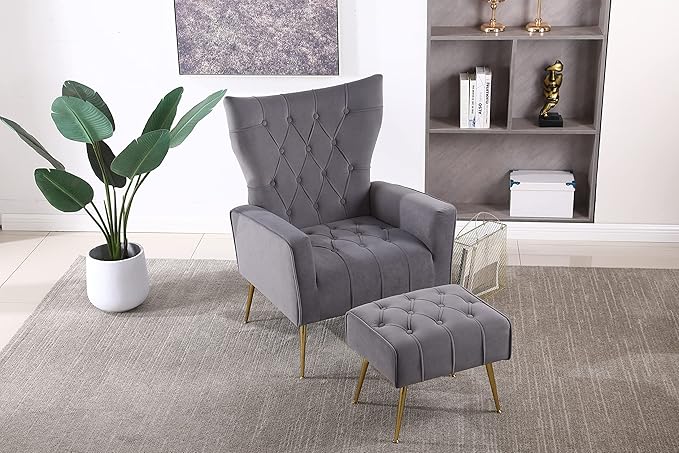 Modern Accent Chair with Ottoman Comfortable Armchair for Living Room Bedroom Apartment Office (Grey)