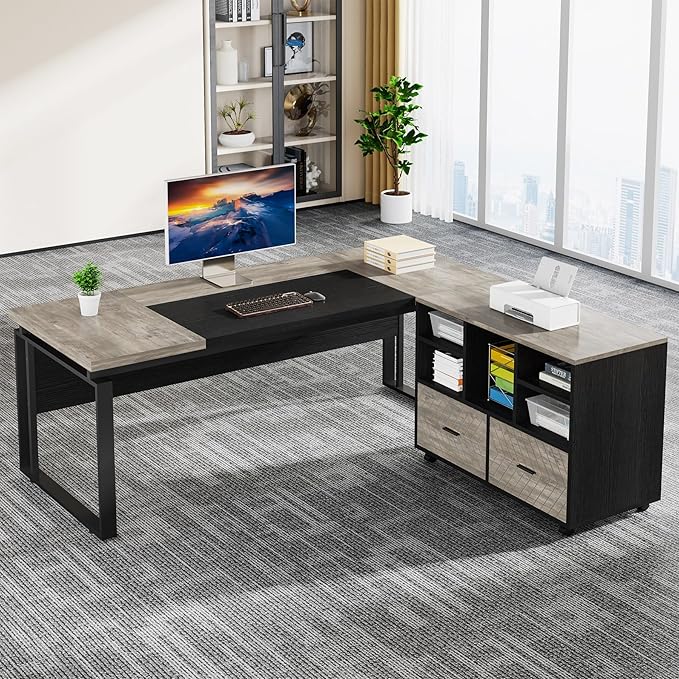 Tribesigns L-Shaped Executive Desk with Reversible File Cabinet 63 Office Desk with Storage Drawers L-Shaped Computer Desk with Drawer Cabinet for Hanging Letter Size Files (Gray &amp Black)
