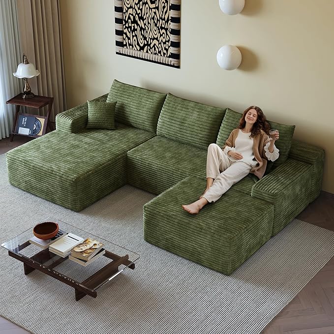 108 Sectional Couches for Living Room Modern Modular Sofa with L-Shape Couchs Upholstered Boneless Couch Deep Seat Sectional Couch with Chaise (Green Left Facing Chaise+2Seaters+1Ottoman)