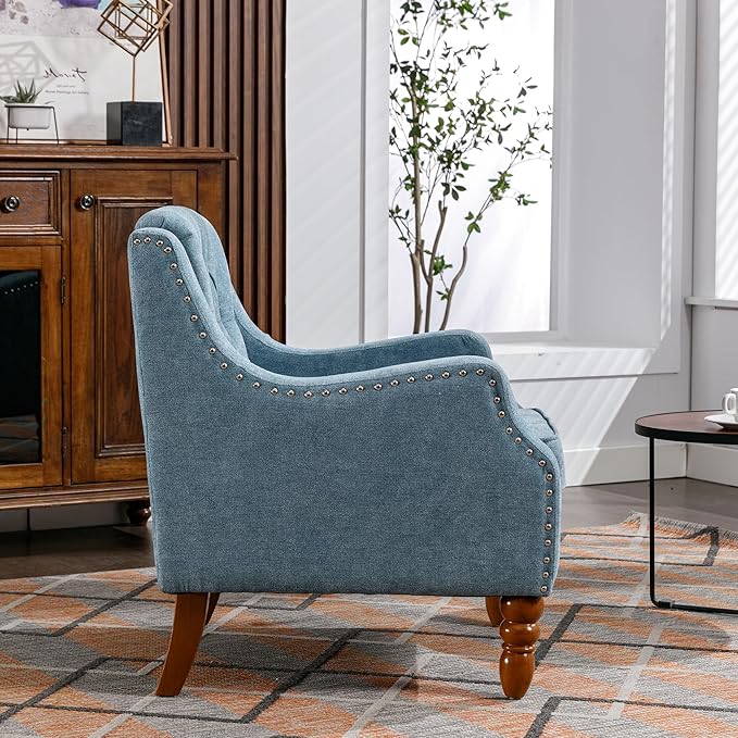 Blue Accent Chair Living Room Chair Footrest Chair Set with Vintage Brass Studs Button Tufted Upholstered Armchair for Living Room Comfy Reading Chair for Bedroom Reception Room
