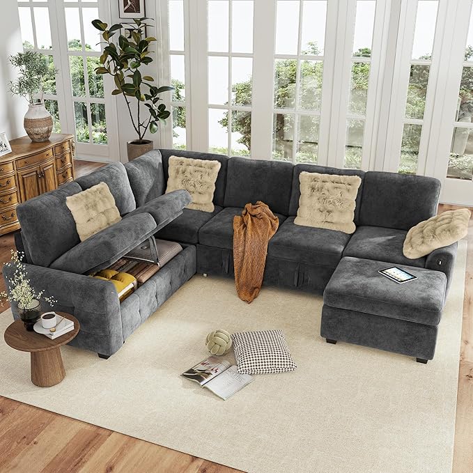 Hanherry Sectional Couch with Pull Out Sofa BedChenille Sleeper Sofa with Storage Ottoman &amp USB ChargingComfy L Shaped Modular Couches for Living RoomApartment