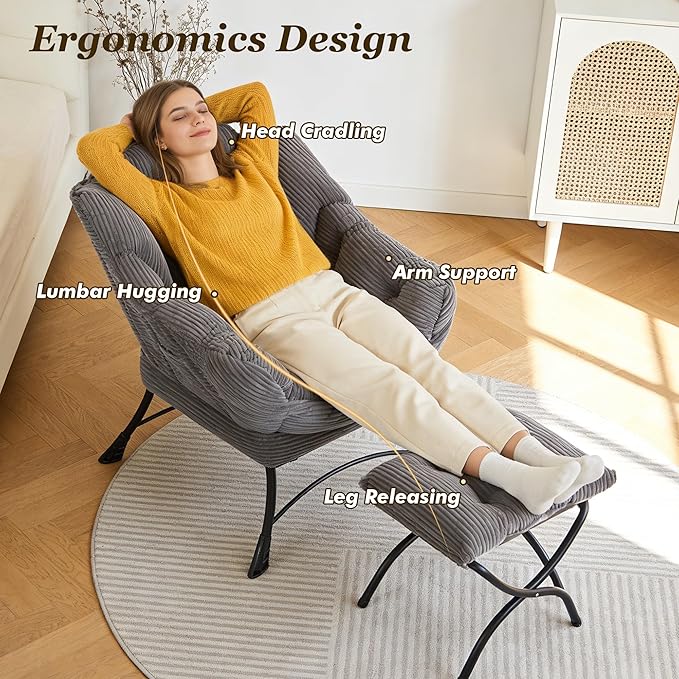 QQU Lazy Chair with Ottoman Corduroy Lounge Armchair Reading Chair with Footrest for Living Room Balcony Study (Grey)